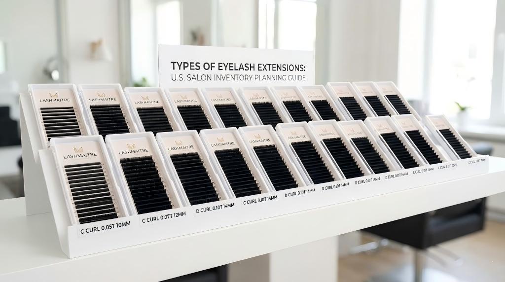A professional display of LASHMAITRE lash trays organized by curl, length, and thickness, showcasing various types of eyelash extensions for US salon inventory planning.