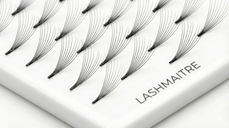 A macro photograph showing LASHMAITRE heat-bonded eyelash extensions pre made fans with extremely thin, sleek bases arranged on a branded tile, demonstrating minimal adhesive weight.