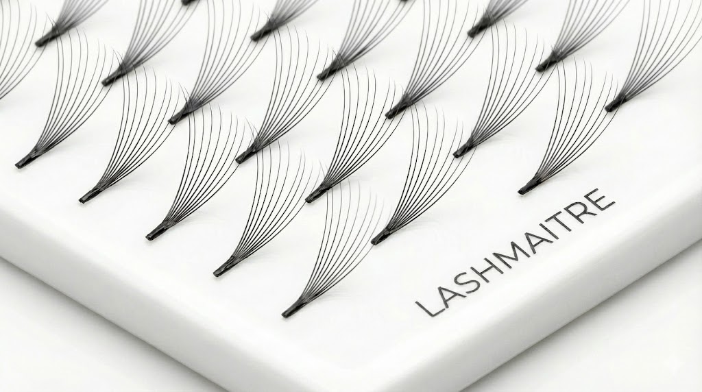 A macro photograph showing LASHMAITRE heat-bonded eyelash extensions pre made fans with extremely thin, sleek bases arranged on a branded tile, demonstrating minimal adhesive weight.