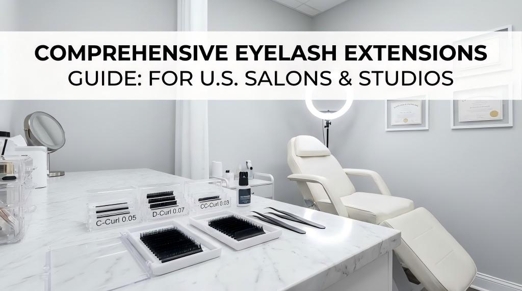 Professional lash studio environment in the USA with organized eyelash extension trays, clearly labeled curls and thicknesses, for American salons and studios