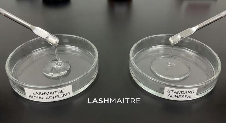 Laboratory viscosity test comparing the fluid consistency of LASHMAITRE Royal Adhesive against a standard generic brand to demonstrate the optimal texture of the best professional lash glue.