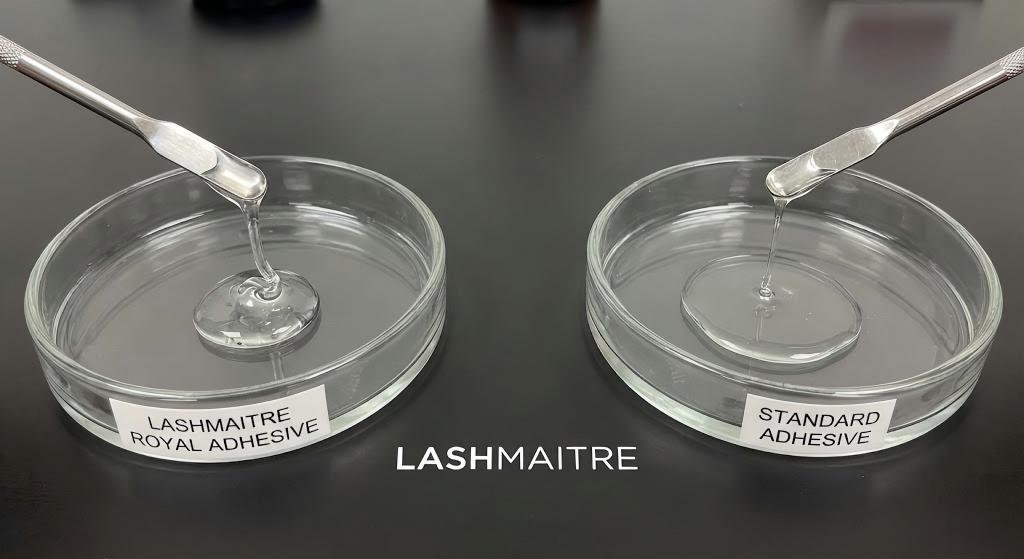 Laboratory viscosity test comparing the fluid consistency of LASHMAITRE Royal Adhesive against a standard generic brand to demonstrate the optimal texture of the best professional lash glue.