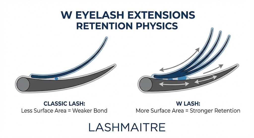 Diagram illustrating the retention physics of w eyelash extensions versus classic lashes, showing increased surface area and stronger adhesive bonding by LASHMAITRE.