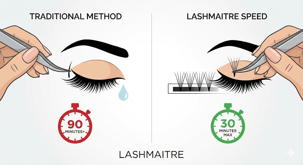 Infographic comparing application time: 90+ minutes for traditional method vs 30 minutes using LASHMAITRE W eyelash extensions.
