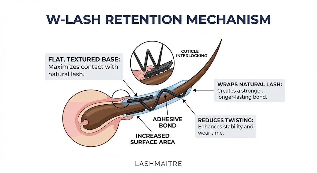 LASHMAITRE technical infographic illustrating the retention mechanism of W-style flat base lash extensions, showing how the textured flat surface increases the adhesive bond area on the natural lash.