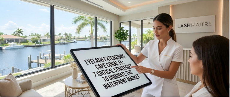 A LASHMAITRE business guide cover titled '7 Critical Strategies to Dominate the Waterfront Market', featuring a tropical canal-side aesthetic tailored for eyelash extensions professionals in Cape Coral FL.