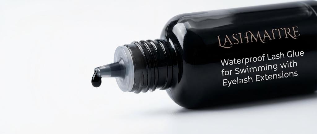 Close-up of LASHMAITRE professional waterproof lash adhesive bottle, formulated to provide strong retention for clients swimming with eyelash extensions.