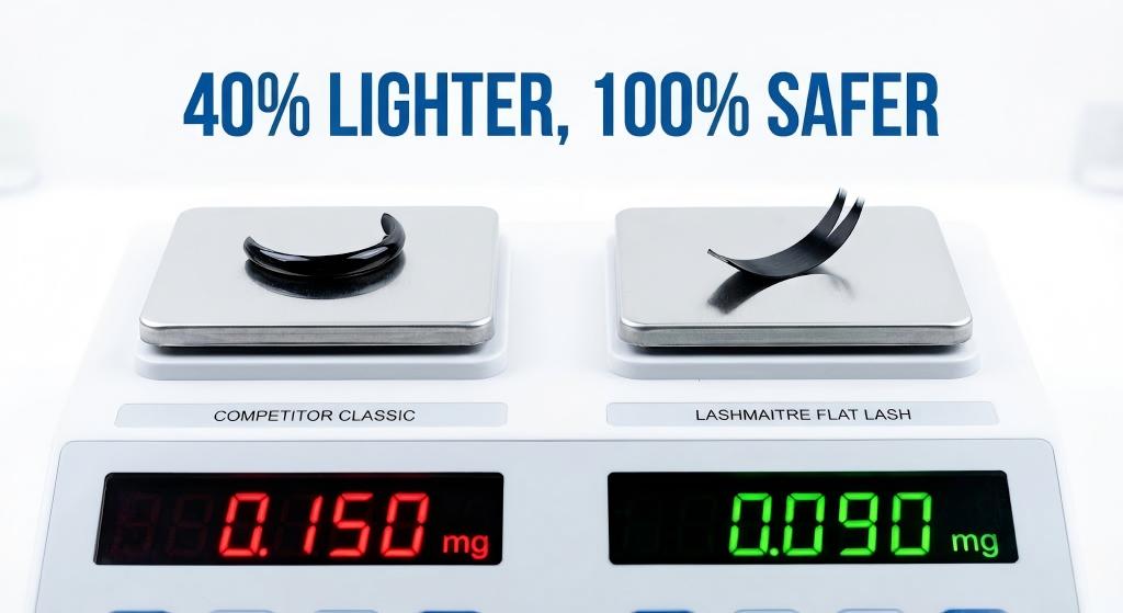 Scientific scale comparison showing a heavy competitor classic lash versus a 40% lighter LASHMAITRE Flat Lash, demonstrating how lighter weight prevents traction alopecia and answers the question "are lash extensions bad for your eyelashes."