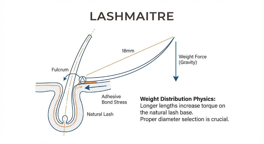 Technical diagram illustrating the weight distribution physics and torque created by an 18mm eyelash extension on a natural lash follicle, emphasizing the importance of determining safe lash extension lengths.