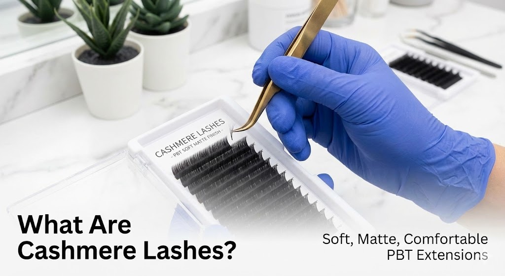 Close-up of Lashmaitre cashmere lashes made from PBT showing a soft matte finish on eyelash extension fibers