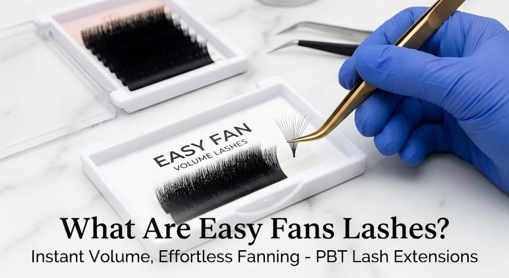 Lashmaitre Easy Fans lashes wholesale showing black PBT easy fan volume lash extensions that form volume fans easily from the strip