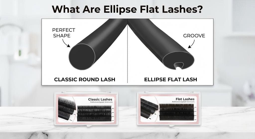 Lashmaitre ellipse flat lashes wholesale showing flat lash extensions (ellipse classic lashes) with a flat oval fiber shape for darker classic lash extension results
