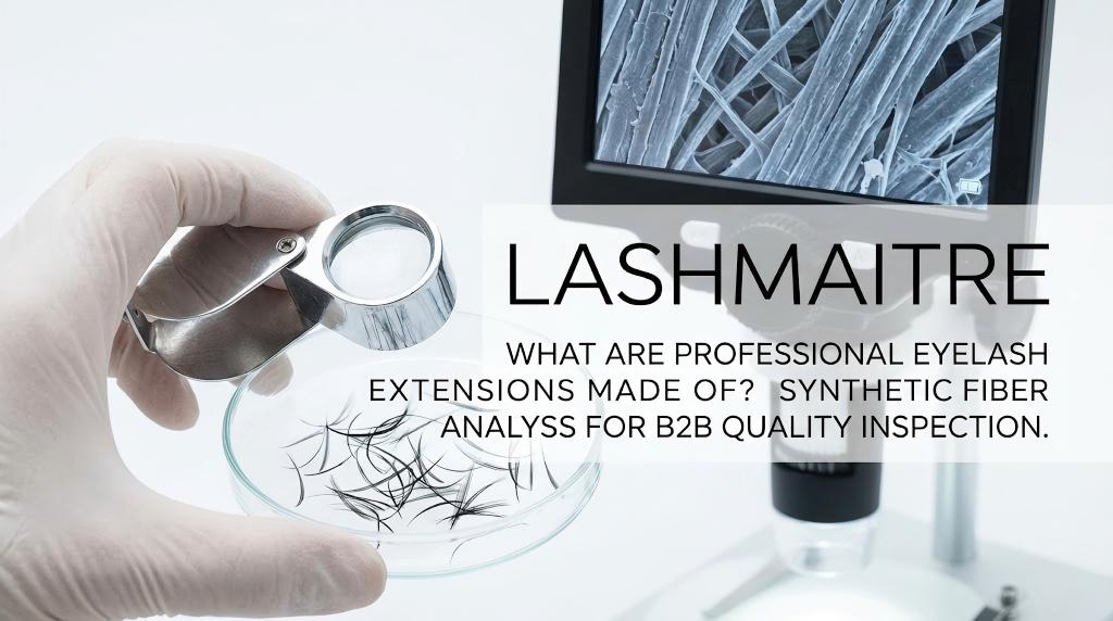 Macro close-up of LASHMAITRE premium PBT synthetic fibers under quality inspection, illustrating what are professional eyelash extensions made of.
