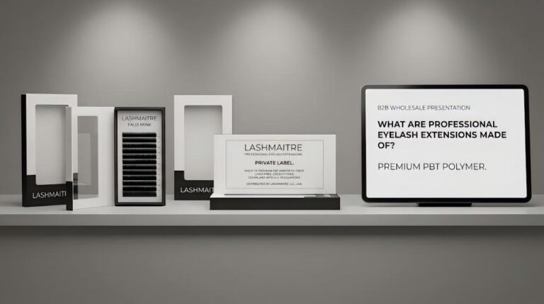 LASHMAITRE private label lash packaging with US-compliant labeling, clearly listing ingredients to show what are professional eyelash extensions made of for B2B buyers.