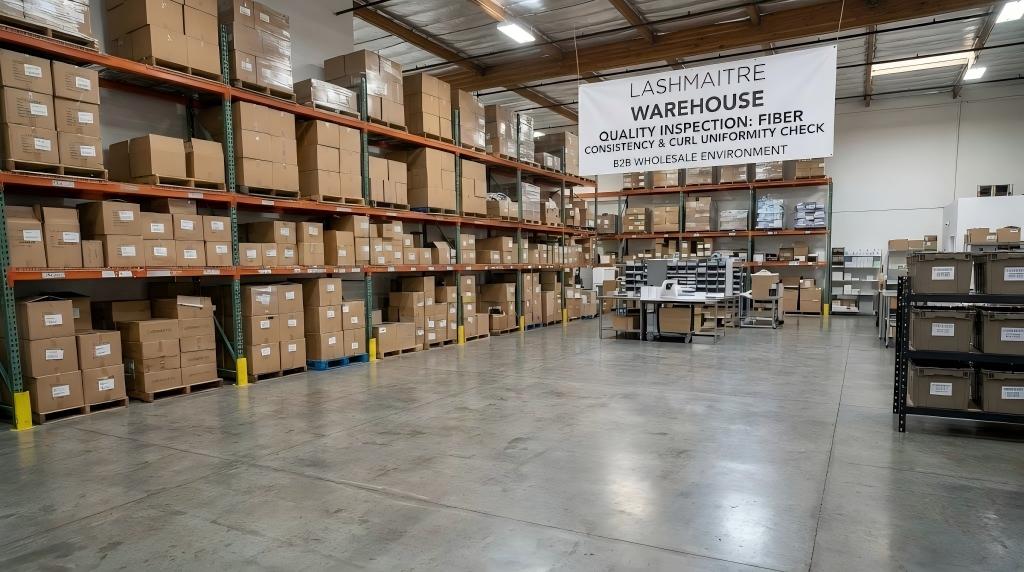 LASHMAITRE warehouse shelves stocked with premium PBT fiber lash trays, visually demonstrating what are professional eyelash extensions made of in a bulk wholesale environment.