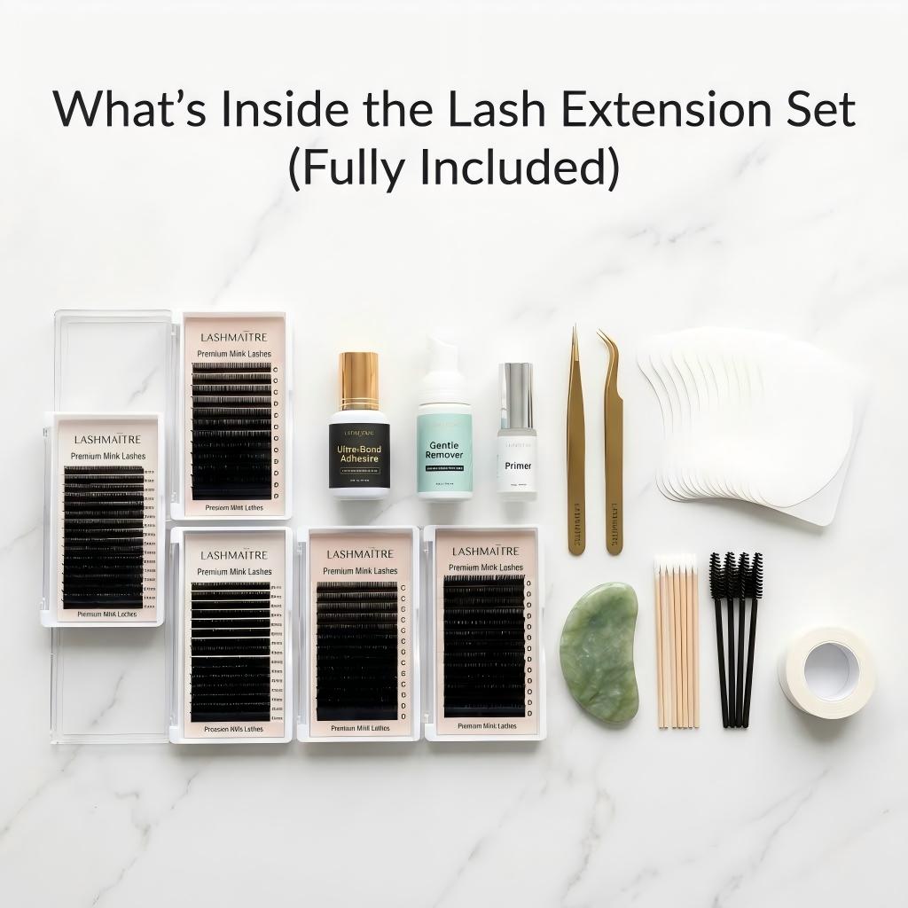What’s inside the lash extension set: PBT lash extensions trays, lash adhesive, remover, lash cleanser, tweezers, tape and eye pads for wholesale lash extension kit