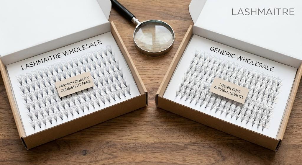 Professional product photography comparing a tray of LASHMAITRE premium "consistent fans" against a tray of generic "variable quality" fans, illustrating the importance of quality sourcing for wholesale 2d premade fans.