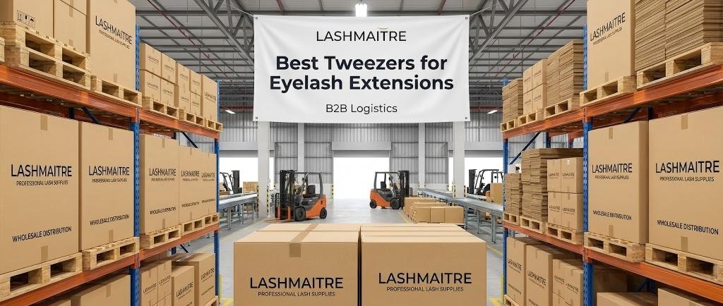 LASHMAITRE warehouse inventory showing boxes of the best tweezers for eyelash extensions and lash supplies ready for B2B wholesale distribution and global logistics.