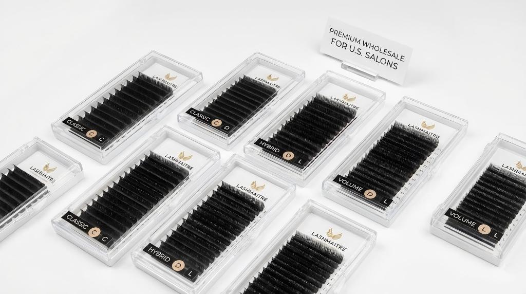 Premium LASHMAITRE wholesale lash trays displaying various eyelash extension styles, including volume and classic curls, designed for professional U.S. salons.
