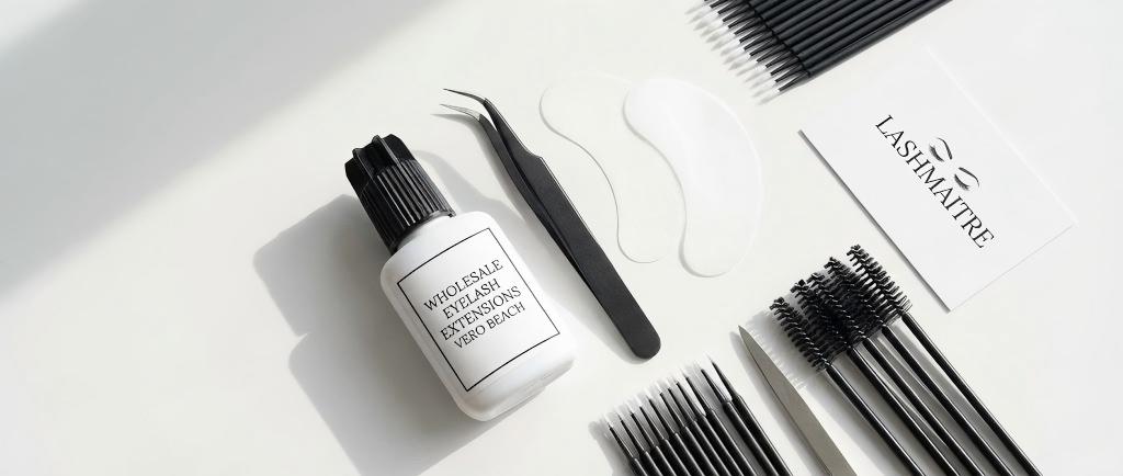 Flat lay of LASHMAITRE professional lash adhesive and precision tweezers, displaying the essential tools available for salons seeking wholesale eyelash extensions in Vero Beach.