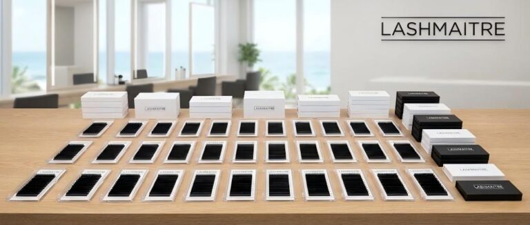 Organized collection of LASHMAITRE professional lash trays and private label boxes, representing the premium inventory available for salons seeking wholesale eyelash extensions in Vero Beach.