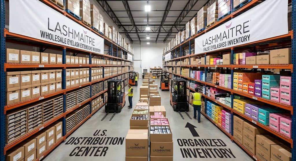 A wide-angle view of the LASHMAITRE U.S. distribution center, showing organized aisles separating wholesale inventory of eyelash extensions vs false eyelashes, with large banners clearly labeling each product section.