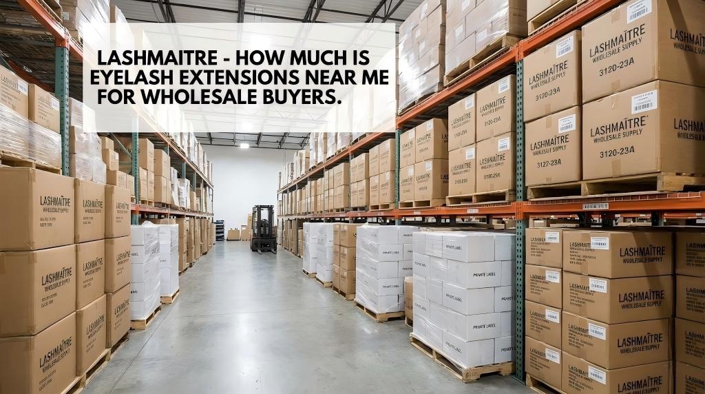 A wide view of the LASHMAITRE warehouse, stocked with bulk cartons and private label packaging, illustrating wholesale supply for businesses asking "how much is eyelash extensions near me for resale?"