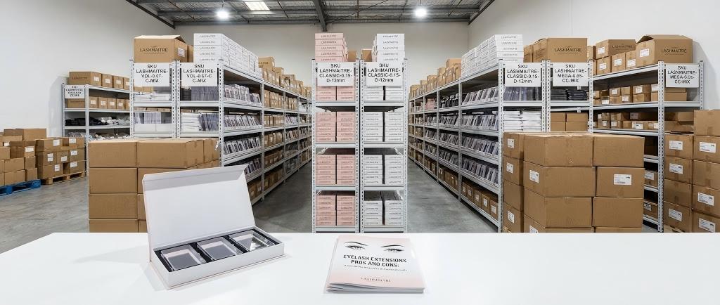 LASHMAITRE wholesale warehouse shelves stocked with private label inventory, featuring a B2B guide detailing eyelash extensions pros and cons for retailers.