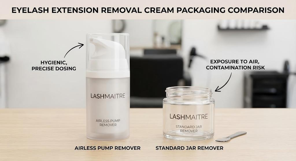 A comparison image for wholesale lash removal supplies, showing a hygienic LASHMAITRE airless pump bottle on the left versus a standard jar with a spatula on the right, highlighting the risk of air exposure and contamination with the jar.