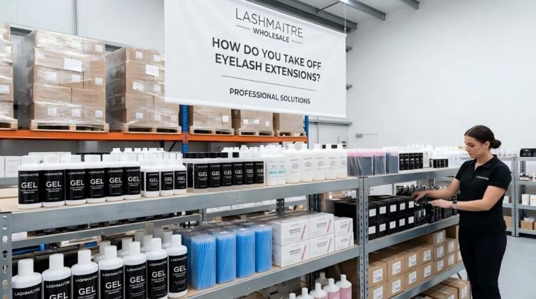 LASHMAITRE wholesale warehouse display featuring professional lash remover products and tools essential for demonstrating how to take off eyelash extensions safely in salons.