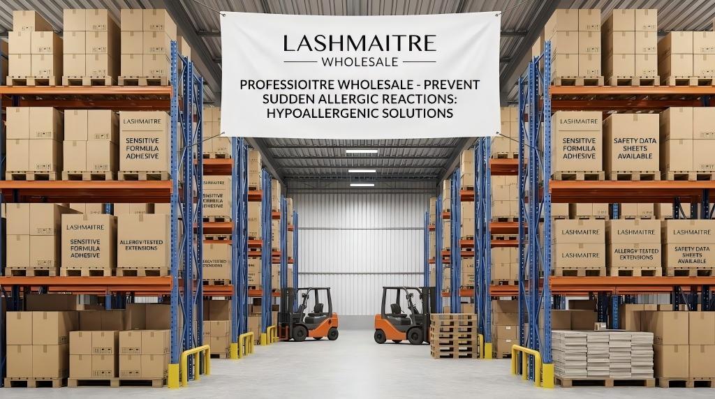 Wide view of LASHMAITRE wholesale warehouse stocking hypoallergenic supplies designed to prevent sudden allergic reactions to eyelash extensions, with a large banner emphasizing safety solutions for professionals.