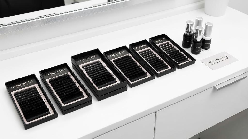 LASHMAITRE wholesale lash extension trays and premium adhesive lineup, formulated to ensure high retention and Latisse compatibility with eyelash extensions for salon clients using growth serums.