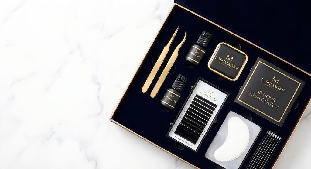 Professional flat-lay photography of a complete LASHMAITRE student starter set, illustrating premium wholesale lash training kits and private label lash supplies for schools.