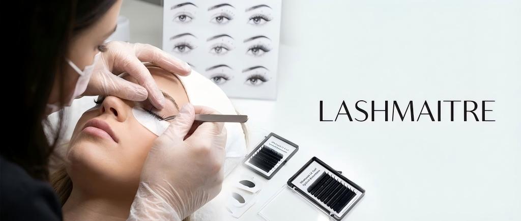 A professional lash artist in a salon setting applying LASHMAITRE extensions, demonstrating the technique for using wholesale LC curl eyelash extensions to lift and correct difficult eye shapes depicted on the background chart.