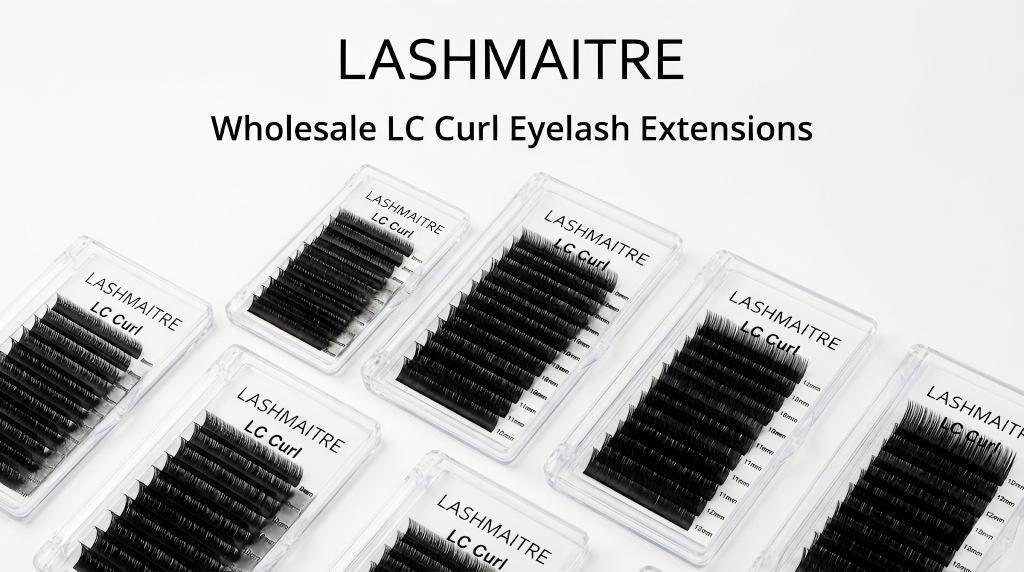Close-up view of LASHMAITRE wholesale LC curl eyelash extensions trays featuring clear length labels and foil-backed strips, organized for professional salon inventory.