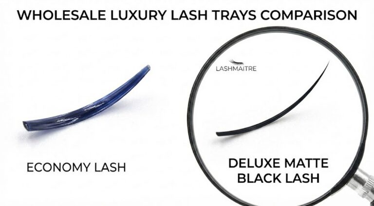 Macro photography comparing a low-quality, shiny blue-tinted PBT strip against a LASHMAITRE premium matte black eyelash extension tray strip, demonstrating the superior fiber quality for professional volume fans.