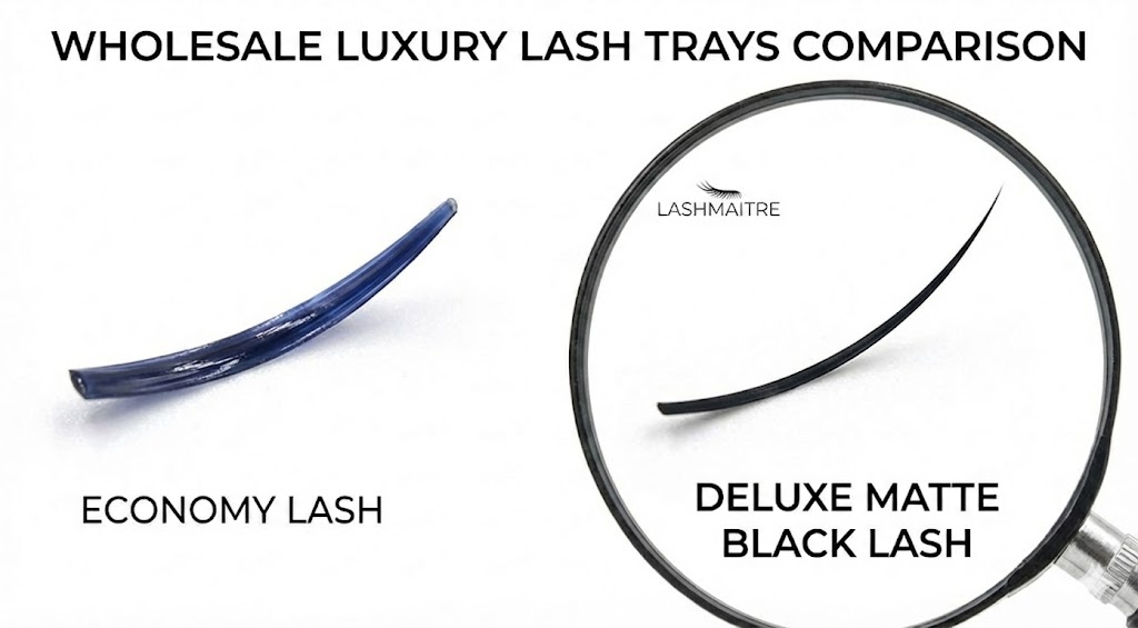 Macro photography comparing a low-quality, shiny blue-tinted PBT strip against a LASHMAITRE premium matte black eyelash extension tray strip, demonstrating the superior fiber quality for professional volume fans.
