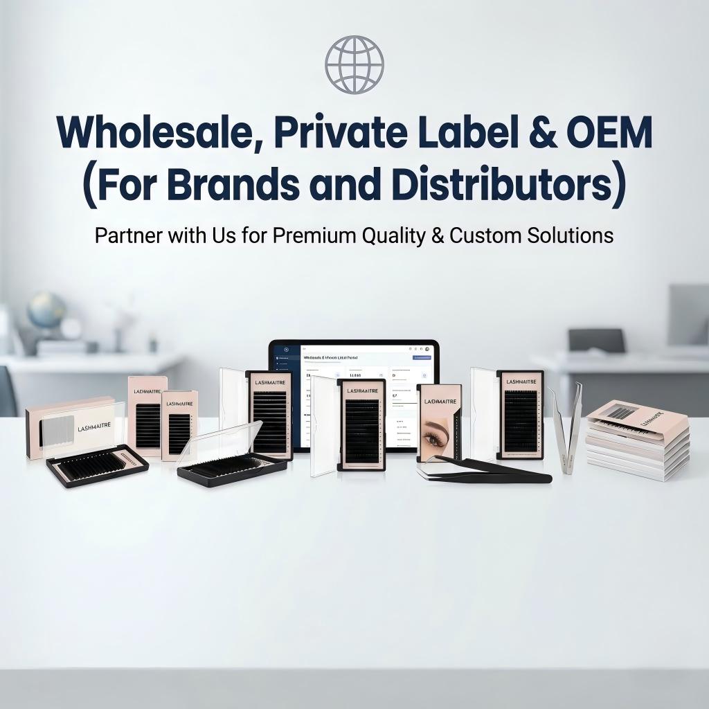 Wholesale brown and colored lash extensions in PBT trays with private label packaging and OEM options from Lashmaitre lash extension supplier