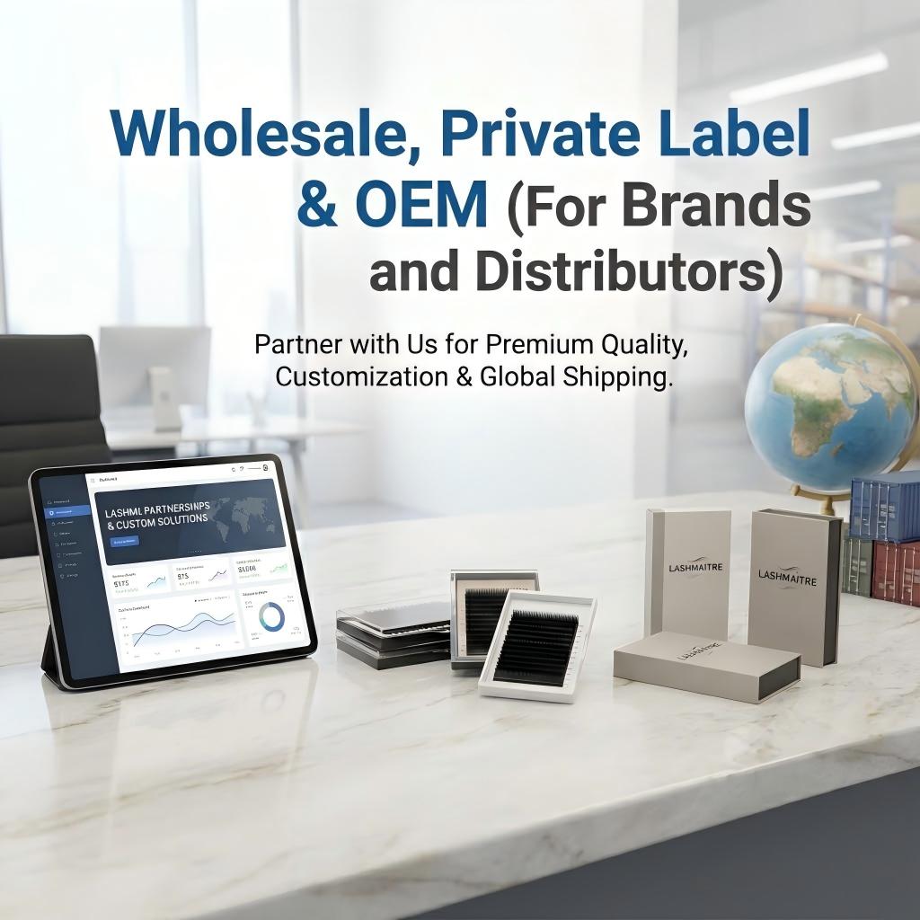 Wholesale lash extension kits with private label packaging and OEM customization, including PBT lash extensions and full kit supplies from Lashmaitre lash extension supplier