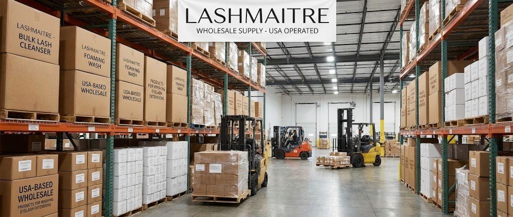 A wide view of the LASHMAITRE USA-operated wholesale warehouse, featuring high industrial shelves stacked with bulk cartons of lash cleanser and foaming wash, representing essential products for washing eyelash extensions for professional supply.