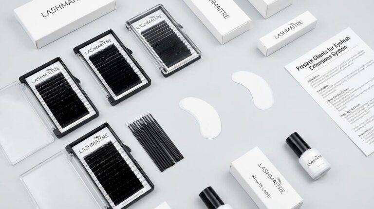 Flat lay of LASHMAITRE professional lash primers, cleansers, and extension trays, displaying the essential product kit used to properly prepare clients for eyelash extensions.