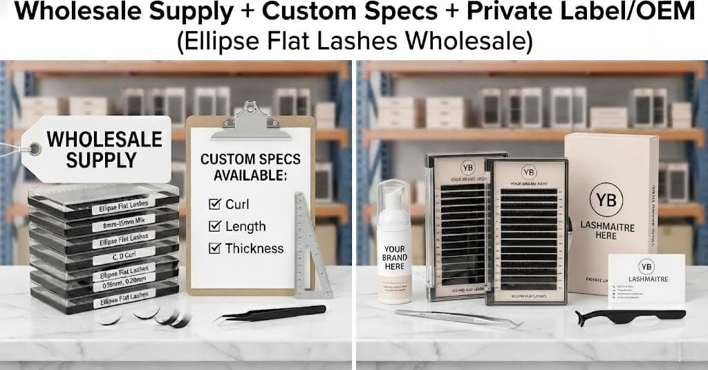 Lashmaitre ellipse flat lashes wholesale with custom specs and private label OEM packaging showing flat lash extensions trays, custom logo boxes, and MIX options