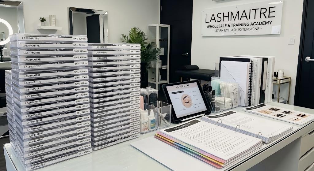 Organized LASHMAITRE wholesale lash trays and training materials arranged on a workstation, designed to help salon professionals in the US learn eyelash extensions with high-quality products.
