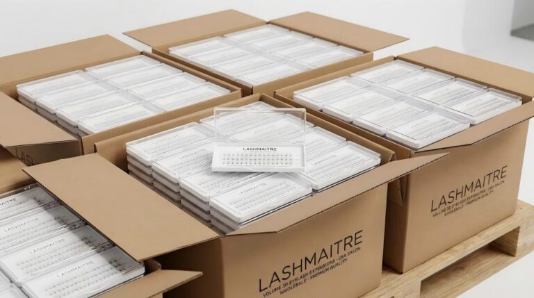 Open bulk shipping cartons filled with numerous LASHMAITRE branded trays of premium Volume 3D Eyelash Extensions, prepared for US salon wholesale distribution.