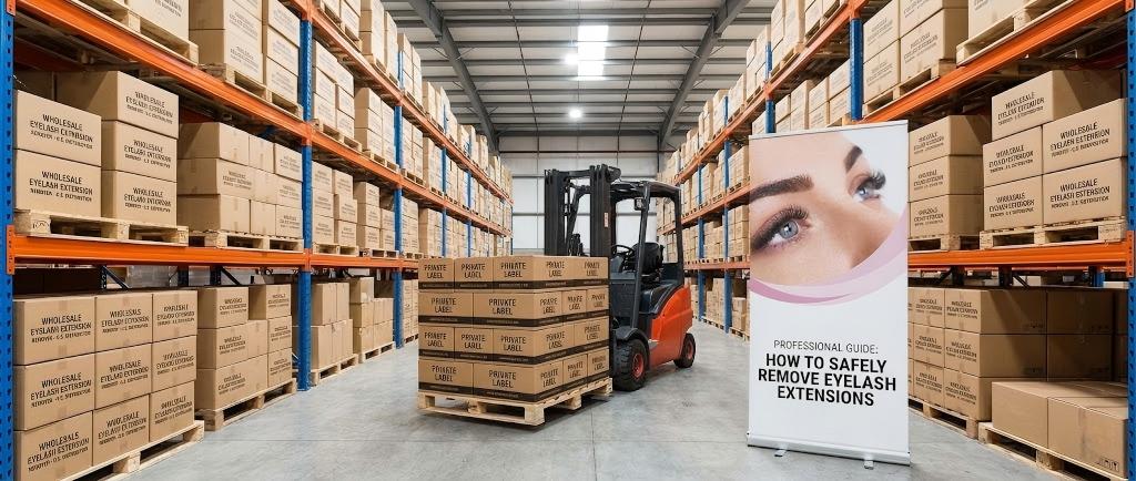 A large warehouse distribution center filled with pallets of "PRIVATE LABEL" lash products and shelves of "WHOLESALE EYELASH EXTENSION REMOVER" boxes, featuring a large banner titled "PROFESSIONAL GUIDE: HOW TO SAFELY REMOVE EYELASH EXTENSIONS".