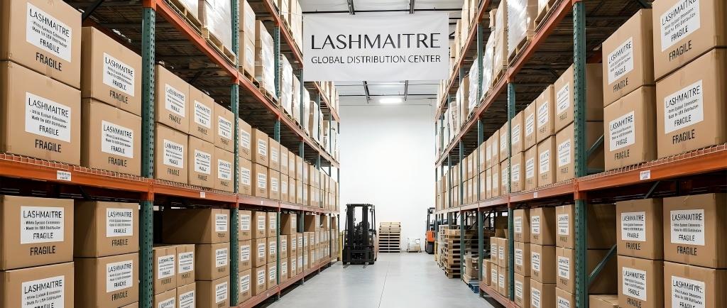 LASHMAITRE warehouse shelving fully stocked with labeled cartons of White Eyelash Extensions ready for immediate U.S. distribution and wholesale shipping.