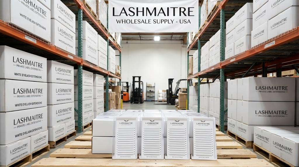 LASHMAITRE wholesale warehouse shelves displaying stacks of premium white eyelash extensions trays and private label packaging for U.S. salons.
