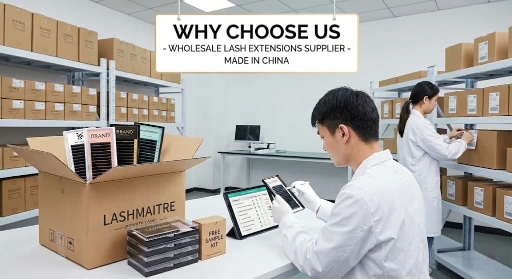 Lash products and packaging displayed on a work table with tools ready for preparation