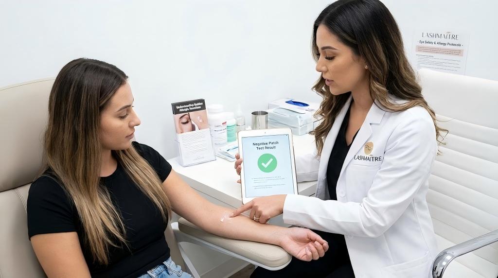 LASHMAITRE wholesale warehouse shelves displaying hypoallergenic products and sensitive adhesives designed to prevent sudden allergic reactions to eyelash extensions for salon professionals.