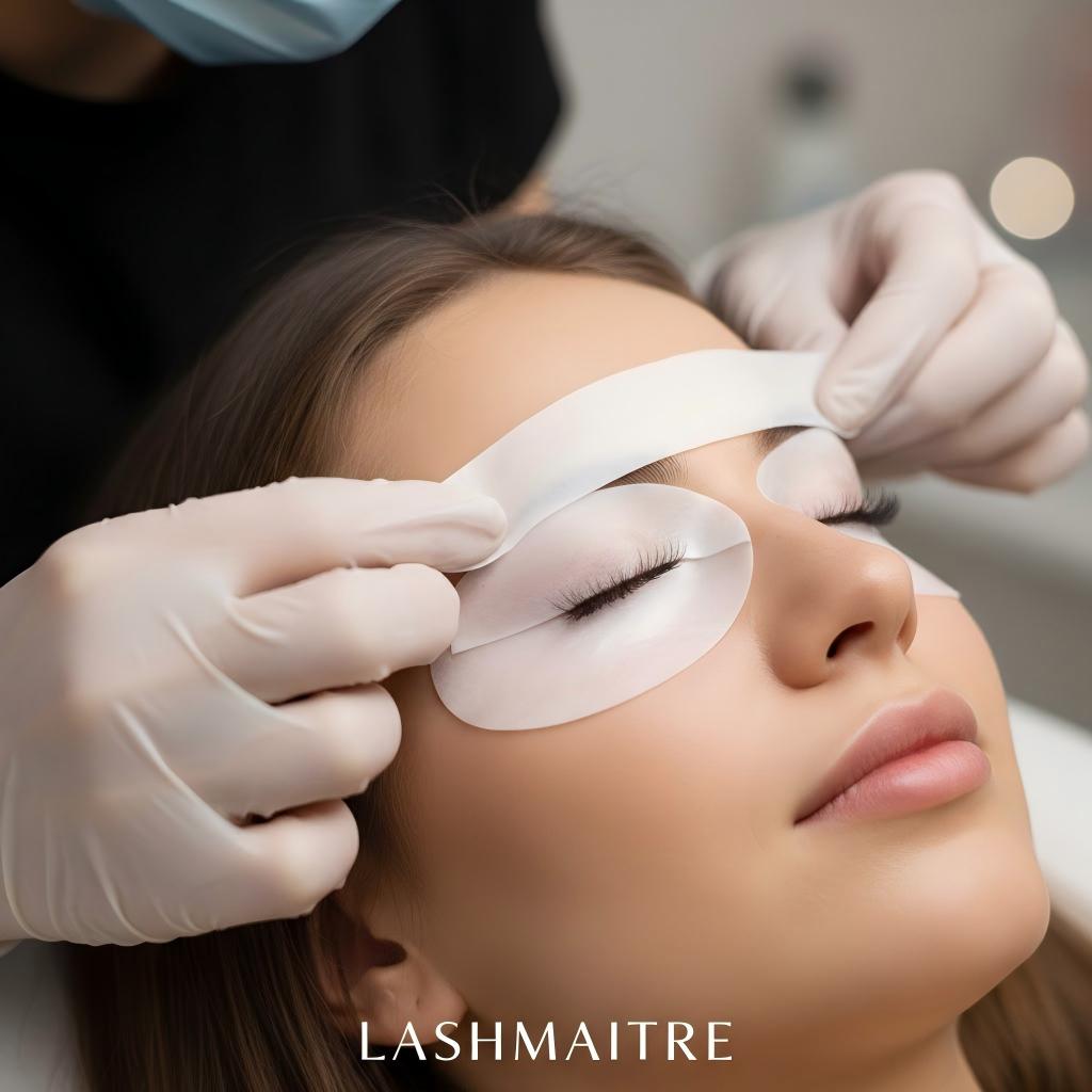 Technician adjusting eye pads and foam tape for client comfort to prevent eye irritation during LASHMAITRE lash application.